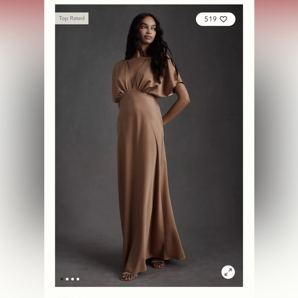 Anthropologie BHLDN Leila Deep-V Flutter-Sleeve Satin A-Line Gown Sand Dune NWT